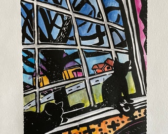 Living Room Cats - original linocut