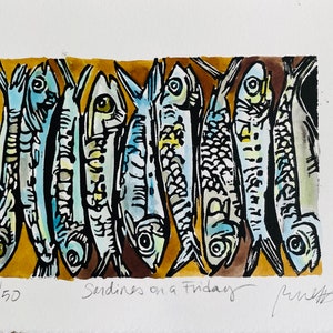 Sardines on a Friday original linocut print image 1