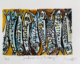 Sardines on a Friday- original linocut print