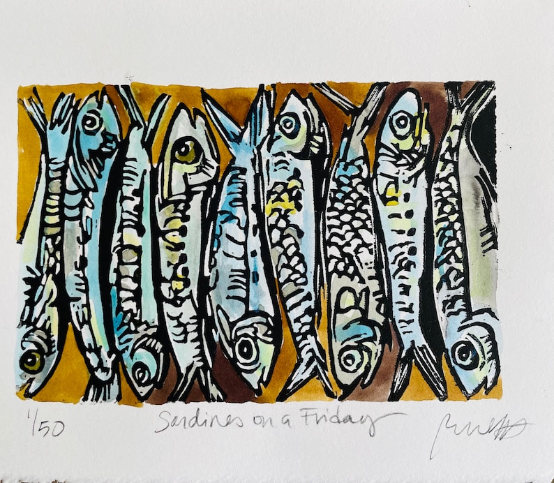 Sardines on a Friday original linocut print image 1