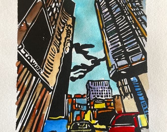 Up Pine Street, Seattle - original linocut