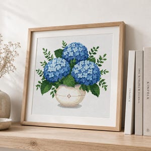 Blue Hydrangea Vase Cross Stitch Pattern PDF, Cottagecore Floral Decor