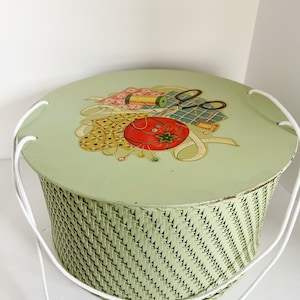 1950’s Vintage Princess Woven Sewing Basket with Kitachy Sewing graphic sticker