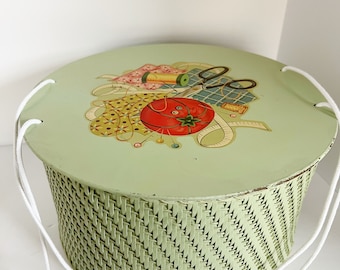 1950’s Vintage Princess Woven Sewing Basket with Kitachy Sewing graphic sticker