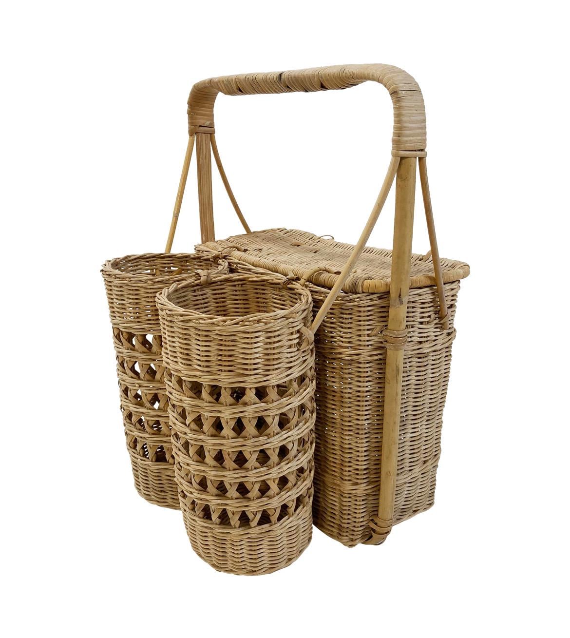 Vintage MCM Wicker Picnic Basket with Beverage Wine Bottle Holder