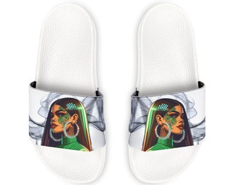 Comfortable PU Slide Sandals: Beast Gift - Long Hair IMVU Baddie with Tattoos, Grey and Green - Streetwear for Women