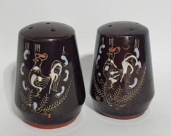 Redware Pottery Salt Pepper Set Rooster Design