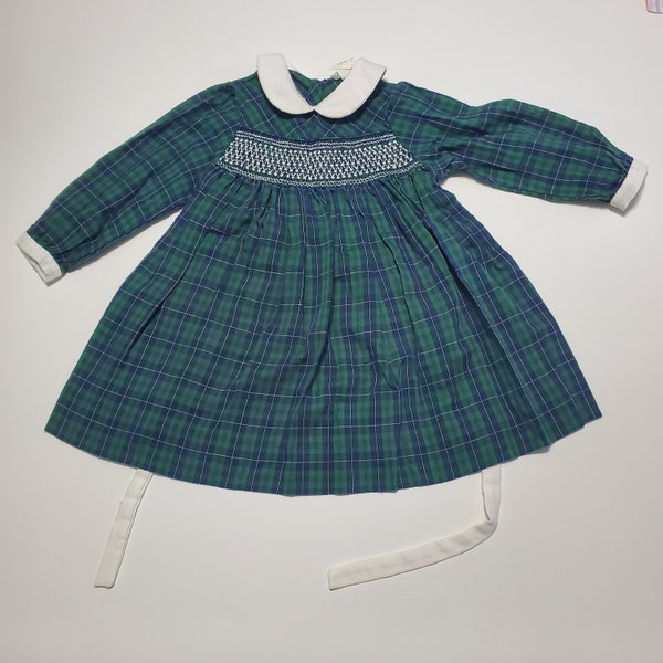 Vintage Smocked Blue Green Plaid Girls Toddler Dress Long Sleeves Tie Back