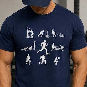 May include: A navy blue short-sleeved t-shirt featuring a white graphic print of various exercise movements, including weightlifting, rowing, and running. The shirt has a crew neckline and is worn with a matching navy blue baseball cap.