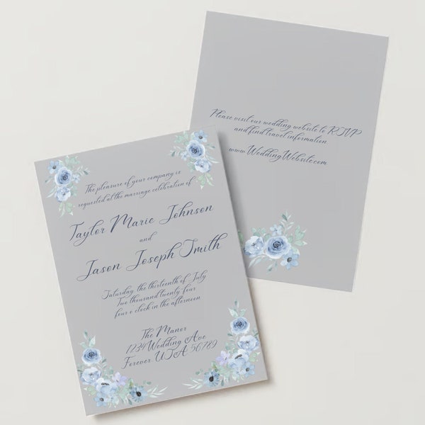 BUNDLE Blue Flower Wedding Invitation with Save the Date