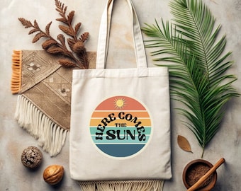 Here Comes the Sun 15"x16" Tote Bag, Gift for Her, Gift for Mom, Gift for Friend, Gift for Teacher, Mother's Day Gift, Beach Bag, Pool Bag