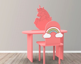 Juego de escritorio y silla para niños con temática de unicornio y arcoíris - Planes digitales