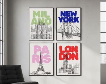 Fashion Cities Poster Set, New York London Paris Milano Prints, Fashion City Wall Art Bundle, Modern Travel Poster Set, Gallery Wall Decor