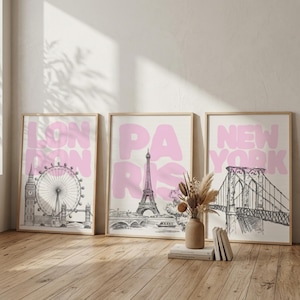 London Paris New York Poster Set, Travel City Prints, Pink Typography Wall Art, Fashion City Posters, Gallery Wall Decor, Printable Art image 1