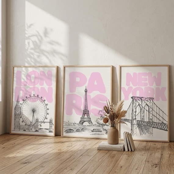 London Paris New York Poster Set, Travel City Prints, Pink Typography Wall Art, Fashion City Posters, Gallery Wall Decor, Printable Art