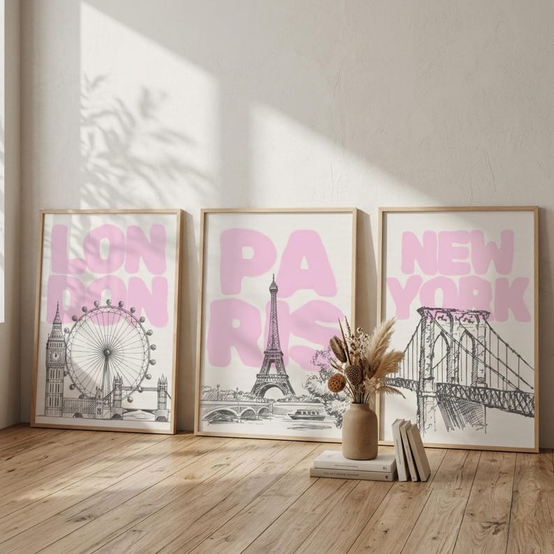London Paris New York Poster Set, Travel City Prints, Pink Typography Wall Art, Fashion City Posters, Gallery Wall Decor, Printable Art image 1