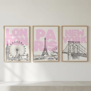 London Paris New York Poster Set, Travel City Prints, Pink Typography Wall Art, Fashion City Posters, Gallery Wall Decor, Printable Art image 3