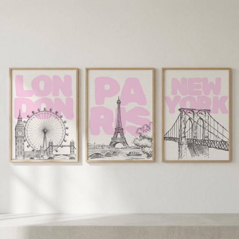 London Paris New York Poster Set, Travel City Prints, Pink Typography Wall Art, Fashion City Posters, Gallery Wall Decor, Printable Art image 3