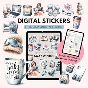 Digital Planner Stickers Cozy Winter, Digital Sticker Book, Goodnotes Stickers, Winter png, iPad Journal Stickers, Free Digital Planner