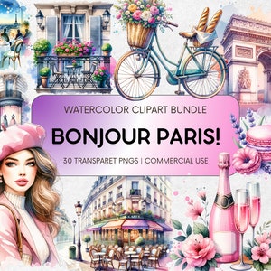 Bundle de cliparts aquarelle Paris, Clipart pour usage commercial, clipart France, clipart voyage, Tour Eiffel PNG, Illustrations de Paris