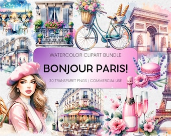 Aquarel Parijs clipart bundel, clipart voor commercieel gebruik, Frankrijk clipart, reizen clipart, Eiffeltoren PNG, Parijs illustraties