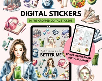 May include: A digital stickers bundle featuring the text "DIGITAL STICKERS" and "50 PRE-CROPPED DIGITAL STICKERS". The image includes a tablet with a digital planner, a woman, and wellness items such as a kettlebell and headphones.
