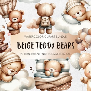 Aquarel teddybeer clipart, clipart voor commercieel gebruik, aquarel clipart, slapende teddyberen, kinderkamer muurkunst, baby shower clipart