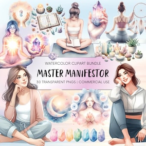 Clipart manifestation, aquarelle Manifestation Journal Stickers numériques, chakra de la lune cristaux, maître manifeste PNG, usage Commercial