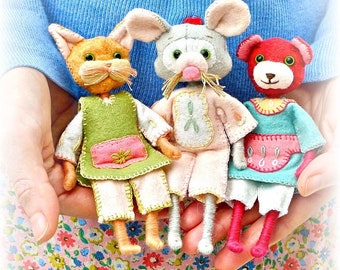 Felt Animal Doll Sewing Pattern Bundle: Cat, Mouse, Bear (PDF Pattern)