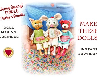 Money saving x3 pattern bundle / Felt animal doll cat / mouse / bear  pdf sewing pattern and tutorial by Verity Hope / PERMISSION TO SELL