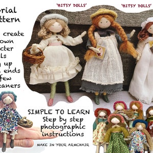 Op de afbeelding: Een tutorial en patroon voor het maken van karakterpoppen met behulp van restjes en pijpenragers. De afbeelding toont drie poppen met verschillende outfits en kapsels. De tekst 'Bitsy Dolls' verschijnt drie keer in de afbeelding. De tekst 'Simple to Learn' verschijnt in de afbeelding. De tekst 'Step by step photographic instructions' verschijnt in de afbeelding. De tekst 'Make in your armchair' verschijnt in de afbeelding.
