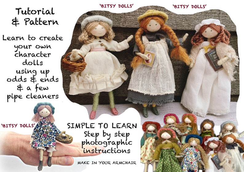 Op de afbeelding: Een tutorial en patroon voor het maken van karakterpoppen met behulp van restjes en pijpenragers. De afbeelding toont drie poppen met verschillende outfits en kapsels. De tekst 'Bitsy Dolls' verschijnt drie keer in de afbeelding. De tekst 'Simple to Learn' verschijnt in de afbeelding. De tekst 'Step by step photographic instructions' verschijnt in de afbeelding. De tekst 'Make in your armchair' verschijnt in de afbeelding.