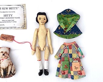 Hitty Doll | Fabric Printed Jointed Cloth Doll Pattern Kits to Create Hitty Doll + Mini Patchwork Dress + Pet | Simply cut out & stitch