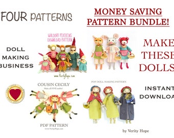 MONEY SAVING x4 pattern BUNDLE / Tutorial / Bendy dolls / Felt doll / animal dolls / Mini dolls / Instant download / pdf pattern /