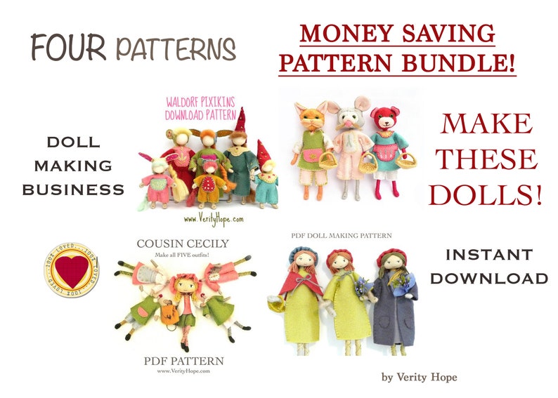 MONEY SAVING x4 pattern BUNDLE / Tutorial / Bendy dolls / Felt doll / animal dolls / Mini dolls / Instant download / pdf pattern / image 1