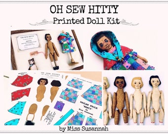 Easy Fabric Printed Jointed Cloth Doll Patern Kit To Create Hitty Doll + Mini Patchwork Dress + Pet | Simply cut out & stitch