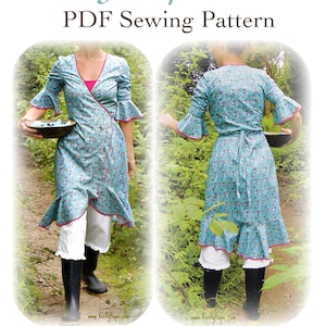 May include: A teal wrap dress with a floral pattern and pink trim, shown from the front and back. The dress has bell sleeves and a ruffled hem. The text "Verity Hope Dress PDF Sewing Pattern" is at the top.
