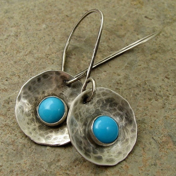 Sleeping Beauty turquoise earrings. Hammered sterling silver earrings. Rustic Southwestern fashion