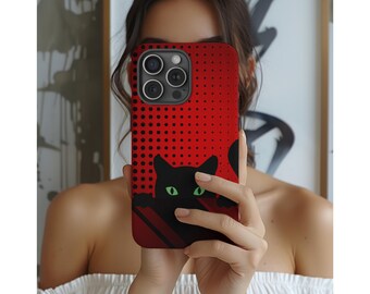 Funda para teléfono con diseño retro de gato negro y detalles en rojo.