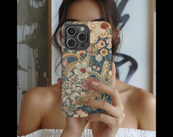 Funda para iPhone con estampado floral vintage, funda botánica estilo cottagecore oscuro (iPhone 12-17)