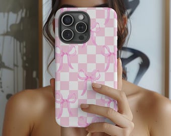 Funda a cuadros retro, estampado de cuadros coquetos, funda para iPhone 15 Pro, funda a cuadros para Samsung Galaxy S24, funda para teléfono con lazo coqueto, funda rosa para teléfono
