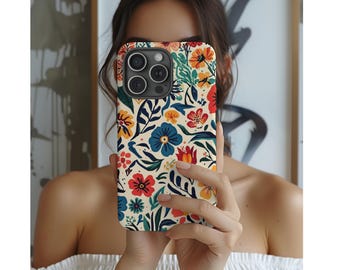 Funda retro floral para iPhone, funda protectora botánica, flores artísticas azules y naranjas.