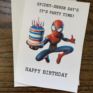 Spiderman Birthday Card – Funny Superhero Greeting Card for Kids – Spidey-Sense Party Time – 5x7 Blank Inside with Envelope – Free Shipping