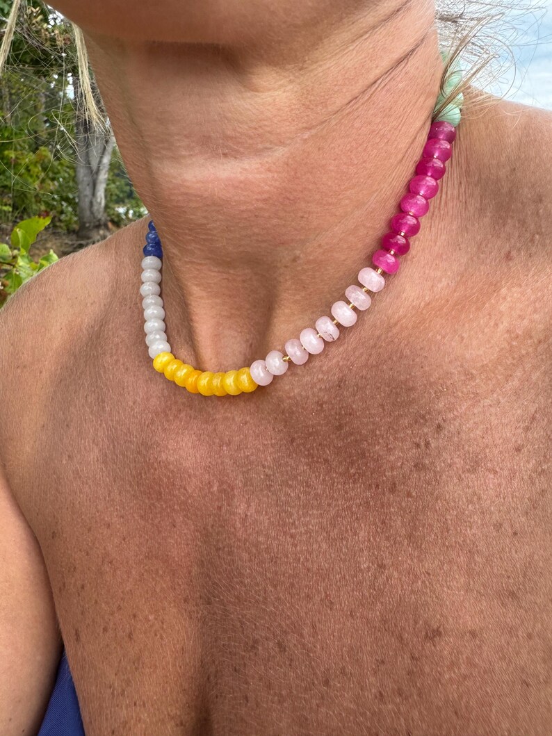 May include: A colorful beaded necklace with a variety of gemstone beads. The necklace features a gradient of colors, including blue, white, yellow, pink, and magenta. The beads are strung together, creating a vibrant and eye-catching accessory.