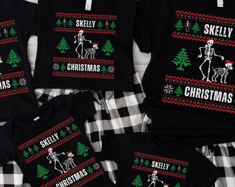 Family Matching Shirts, Christmas 12 Foot Skeleton Shirt, Red Ugly Christmas Santa Hat 12 Ft Skeleton Shirt, 7 Ft Skeleton Dog Skelly Outfit