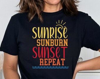 Retro Sunset Rays Wavy Shirt, Sunrise Sunburn Sunset Repeat, Vintage Shirt, Retro Sunshine Shirt, Beachy Vibes, Retro Summer , Sunset Tshirt