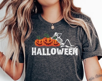 Cute Skeleton Pumpkin Halloween Shirt, Retro Halloween Shirt, Vintage Halloween, Halloween Skeleton Shirts, Skeleton Shirt