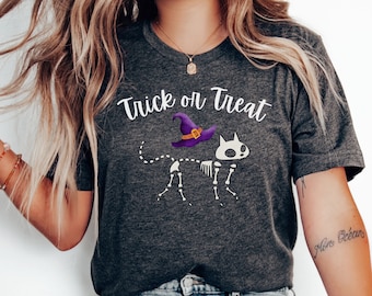 Skeleton Cat Trick or Treat Shirt, Funny Skeleton Shirt, Halloween Skeleton Shirt, Halloween Shirt, Funny Halloween Shirt, Cat Skeleton