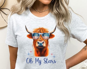 Oh My Stars Cow Shirt, Highland Cow shirt, Highland Cow With 4th July, American Flag Shirt, Fourth Of July Tee, Independence Day
