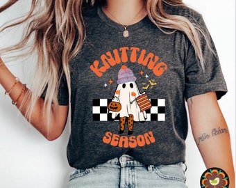Knitting Season Shirt, Groovy Ghost Shirt, Retro Halloween Shirt, Knitting Lover Tee, Knitting Shirt for Women, Ghost Shirt,Gift For Knitter